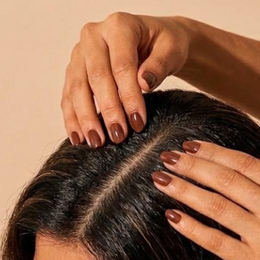 Massaging oil into the scalp with fingertips