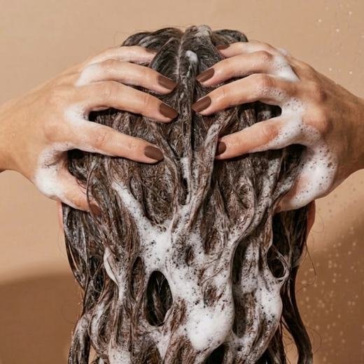 Washing hair with shampoo lather